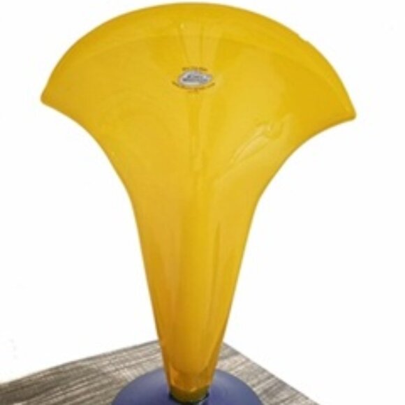 Vtge Blenko Glass Millennium Opaline Yellow Cobalt 12.25” Label Signed Fan Vase - Picture 1 of 7